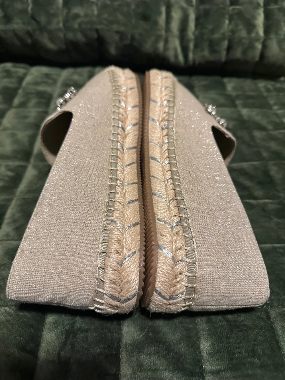 Karl Lagerfeld Beige Crystal & Pearl Espadrille Flats